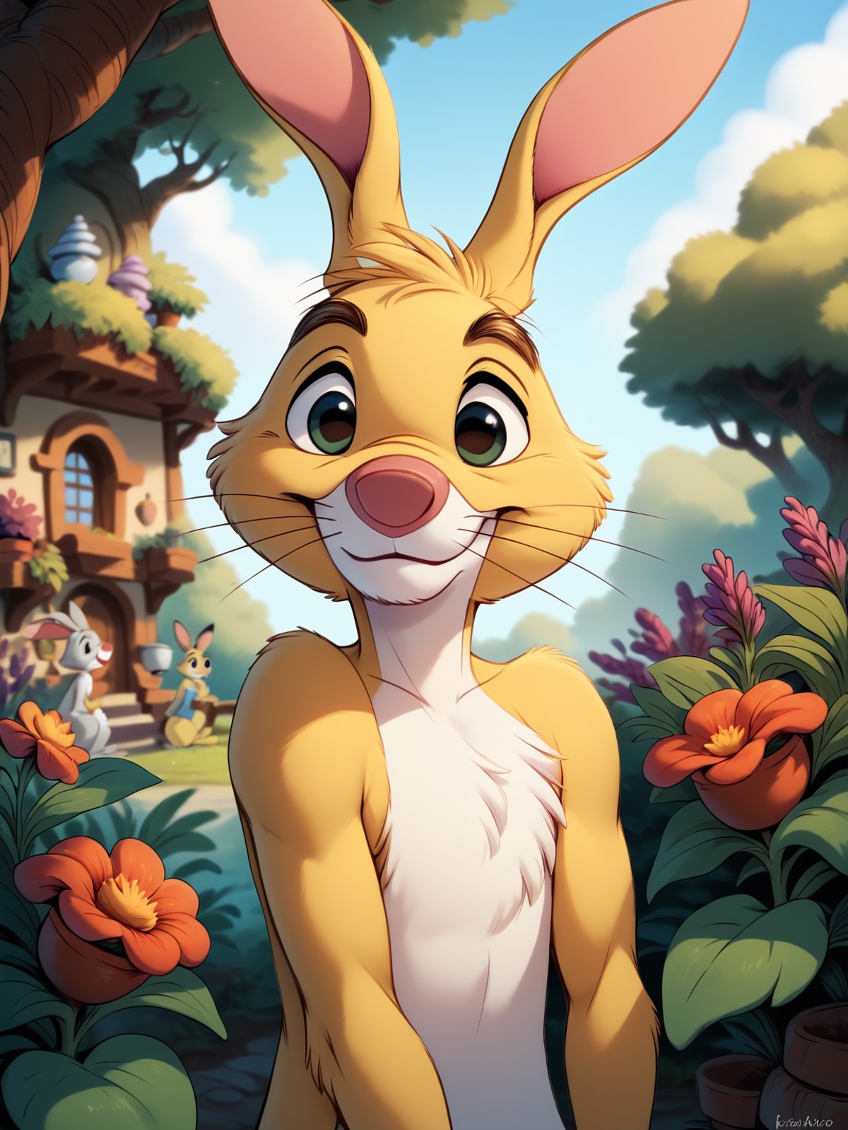 <lora:Rabbit_Pooh:1> rabbitpooh, PonyXLV6_Scores, 1boy, an anthro rabbit in his garden, medium shot, cartoon, cute